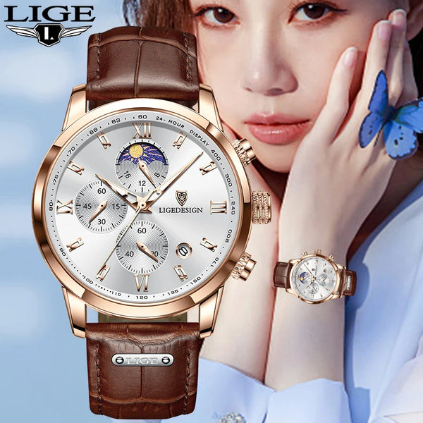 Montre Femme LIGE Cuir Élégance & Phase de Lune