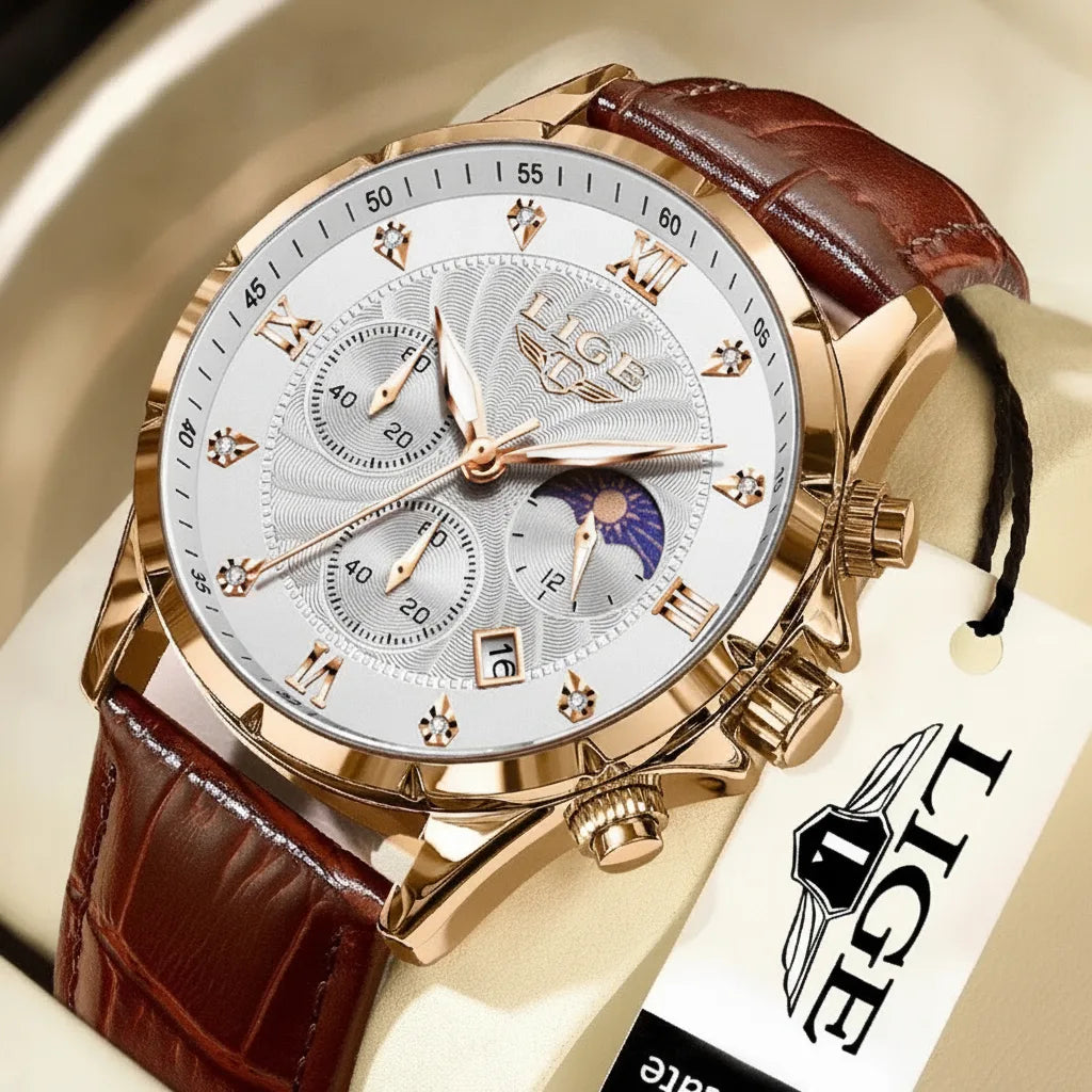 Montre Homme LIGE Cuir Chronographe Lumineuse