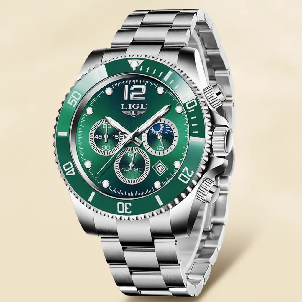 Montre Militaire LIGE Chronographe Homme Acier Inoxydable