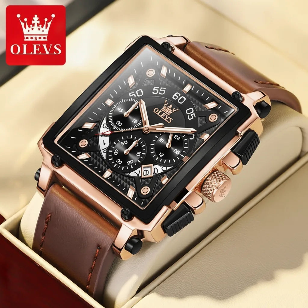Montre Carrée OLEVS Homme Cuir Quartz Étanche