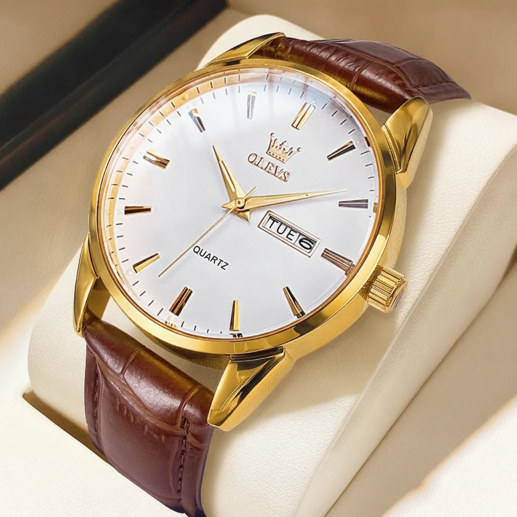 Montre OLEVS Homme Cuir Calendrier Étanche