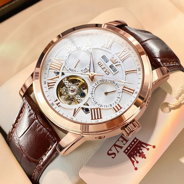 Montre Automatique OLEVS Chronographe Phase de Lune Cuir
